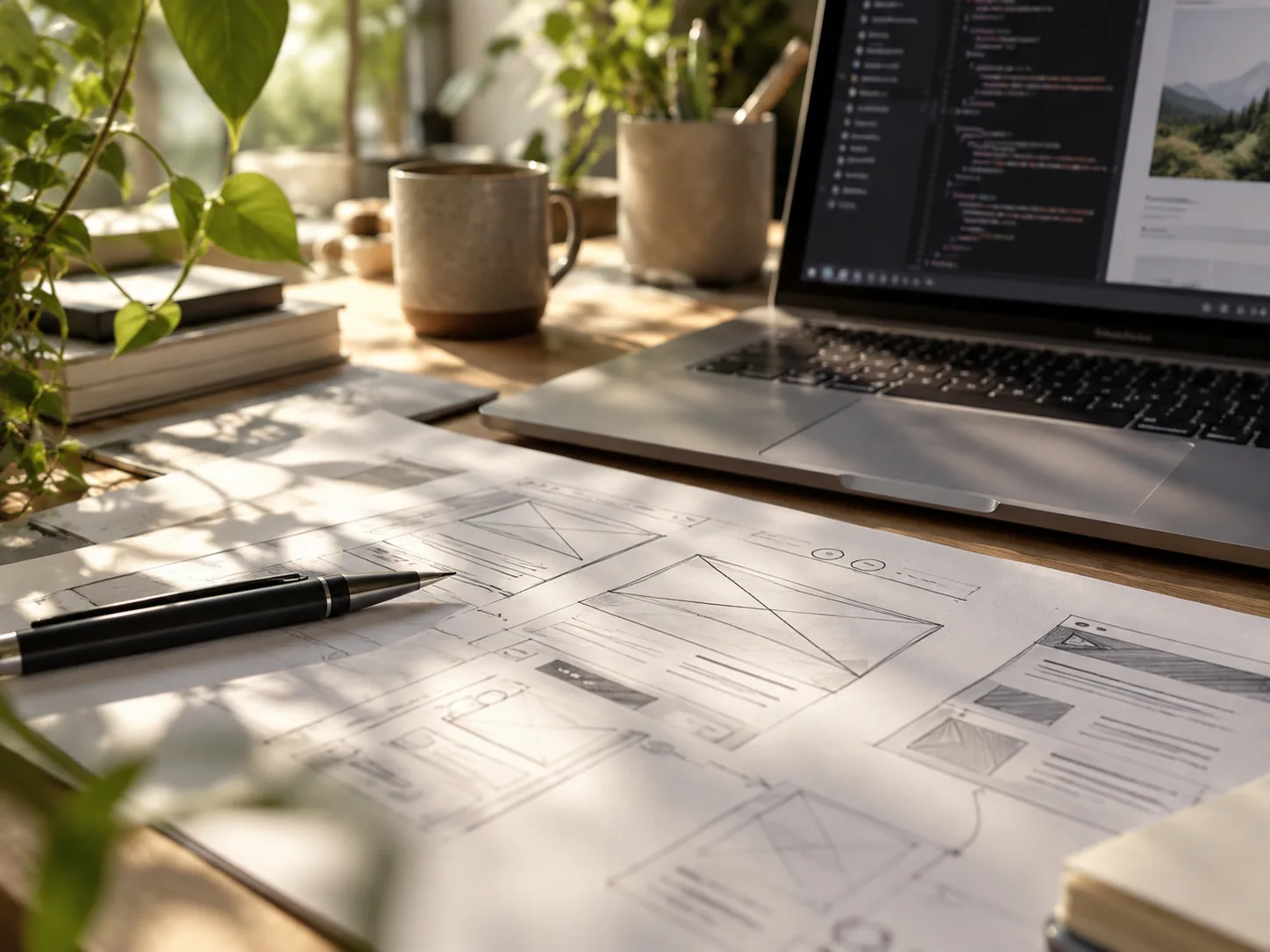 Illustrative Szene mit Wireframe-Skizzen und Laptop auf einem sonnigen Schreibtisch